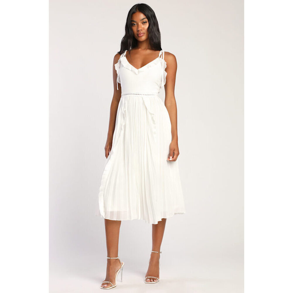 Lulus Never A Dull Moment White Tie-strap Pleated Midi Dress - Size XL